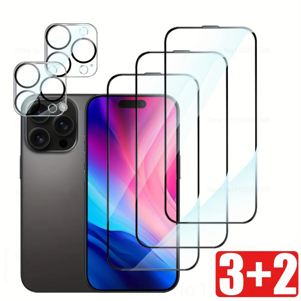 

[3+2]3Pcs for IPhone 15 Promax 14 Pro 16E HD Tempered Glass for IPhone 13 Promax 11 12 Mini 16 Plus+2Pcs Camera Lens Protection
