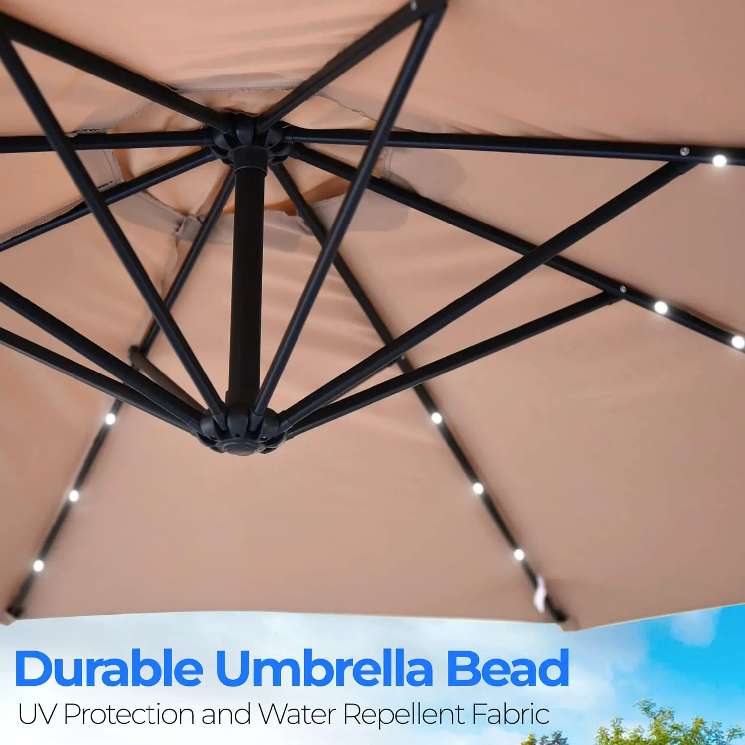 360° Rotation-8 Sturdy Steel Ribs Patio Market Hanging Umbrellas with 24 LED Lights, Tilting and Cross Base