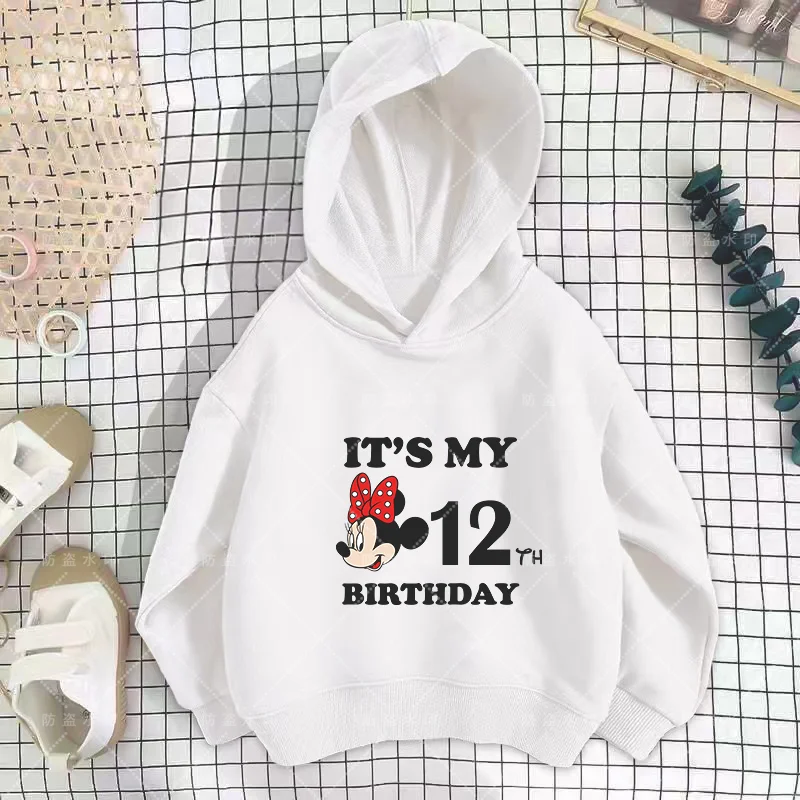 Disney Birthday Number 3-12 Minnie Mouse Hoodies Cartoons Baby Sweatshirt Boy Kawaii Girl Clothes Disney Mouse Kawaii Cartoons