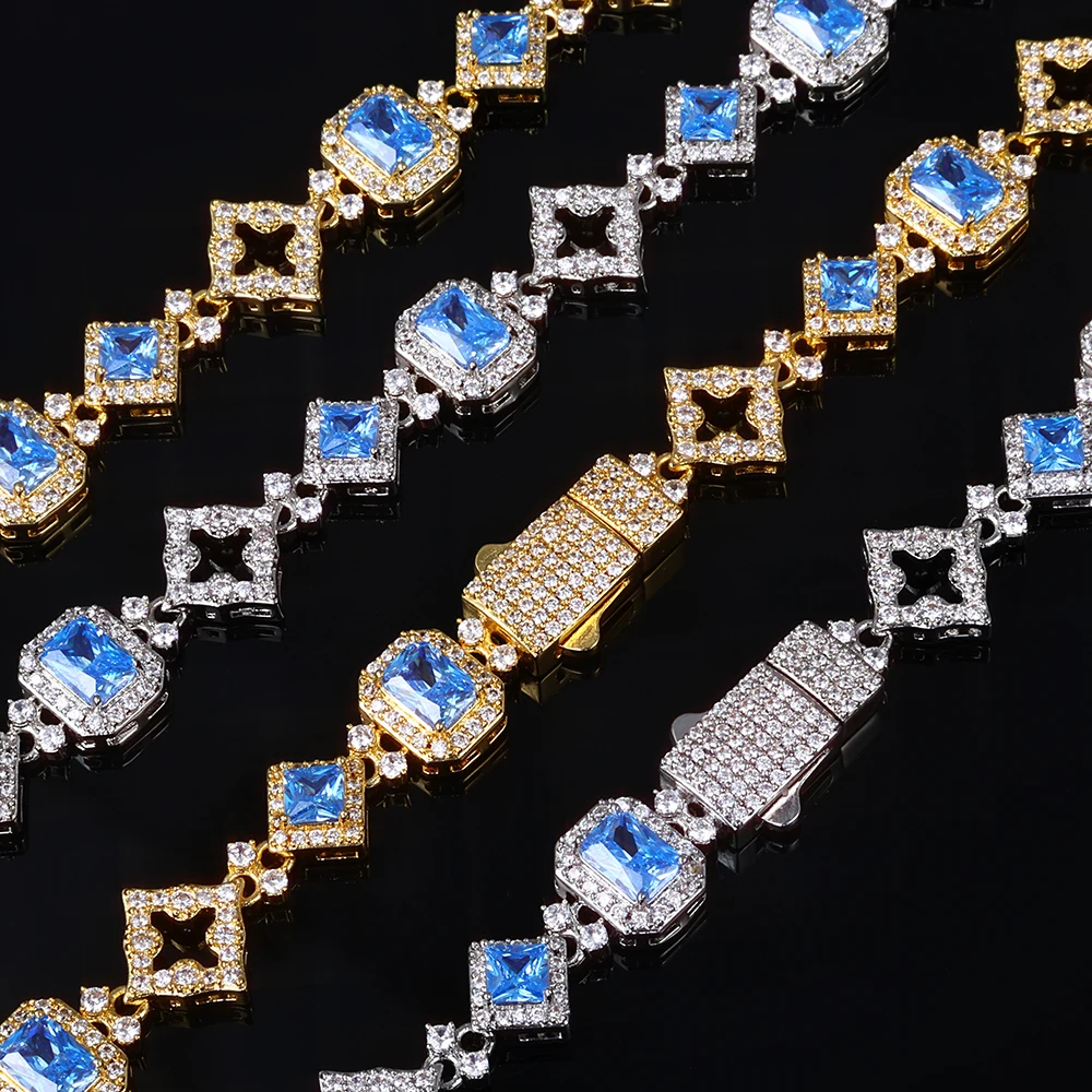 ESKEEM 11MM Iced Out Gemstone Bracelet New Square&Star Shape Blue Cubic Zirconia Cuban Link Chain 18kGold Plated Hip Hop Jewelry