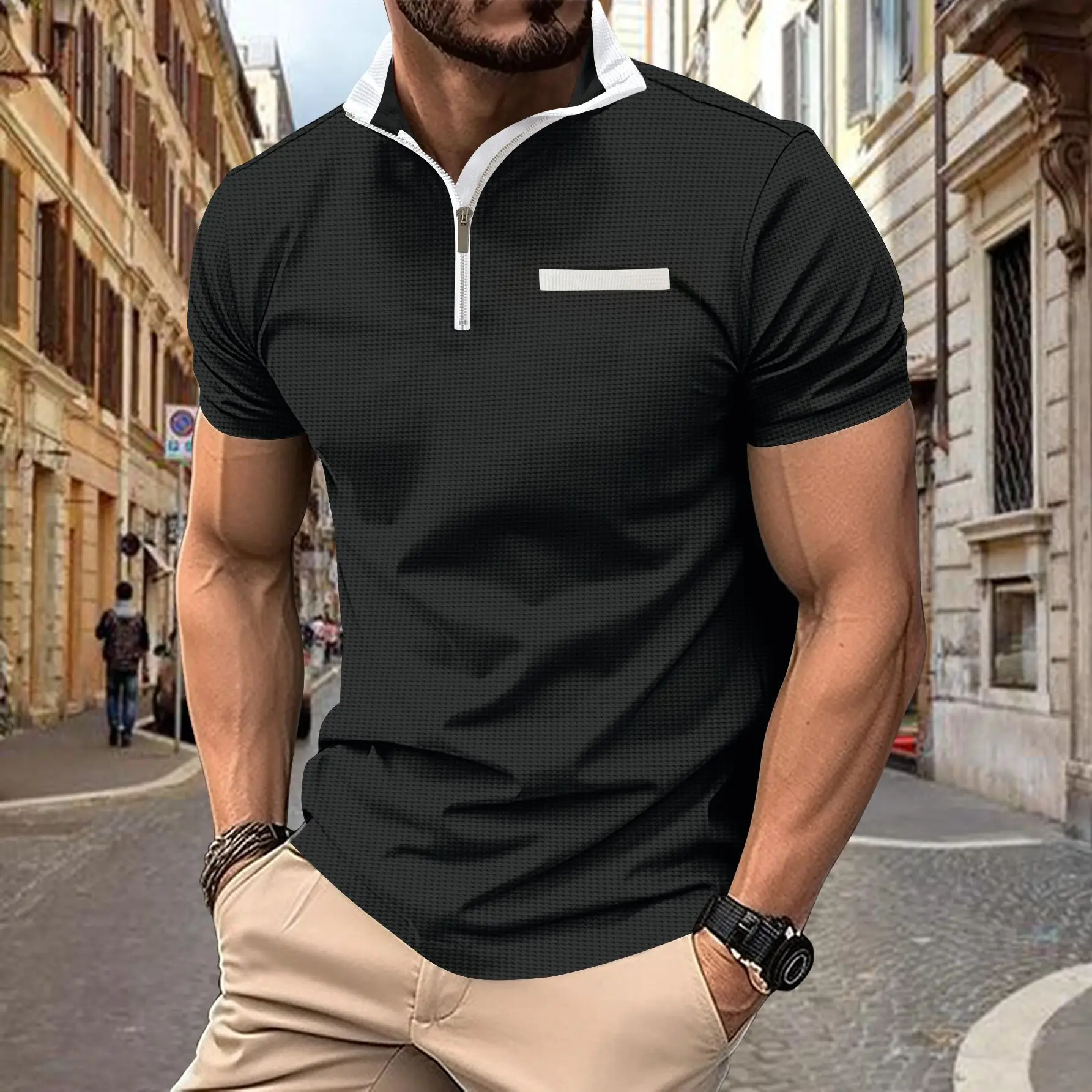 Men's POLO Shirt Classic Zipper Trim Lapel Street Outdoor Sports Slim-Fit Fake Pockets Solid Color Short-Sleeved Tops