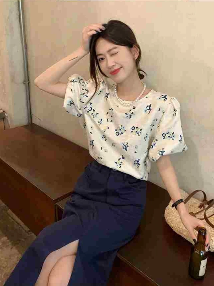 

Sweet Youthful Fashionable Women's Summer 2026 New Arrival Set Puff Sleeve Floral Shirt High Waist Split Midi Skirt