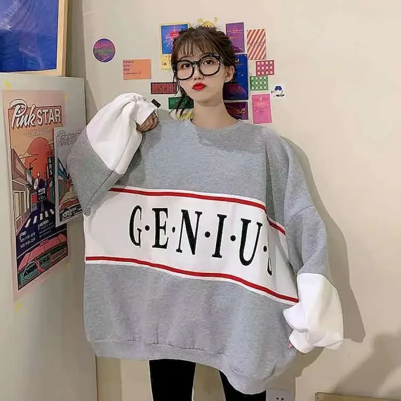 Casual Large Size Pullovers Women Autumn Winter Korean Loose Long Sleeve T Shirt Student Color Matching Plus Velvet Thick Coats