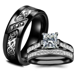 Fashion Couple Rings Women's White Rhinestones Zircon Ring Sets Men's Stainless Steel Celtic Dragon Rings Wedding Band Jewelry