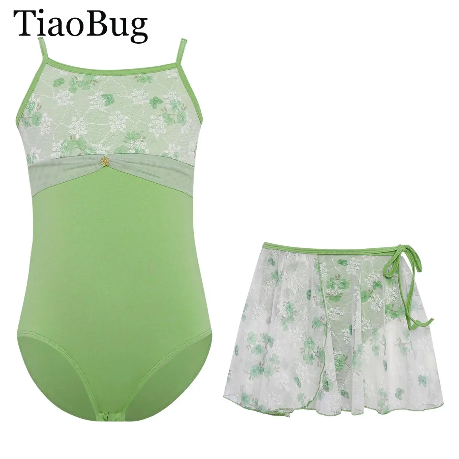 

Girls Sleeveless Ballet Leotards Dress Floral Printed Mesh Gymnastics Workout Bodysuit with Skirt Ballerina Training Dancewear