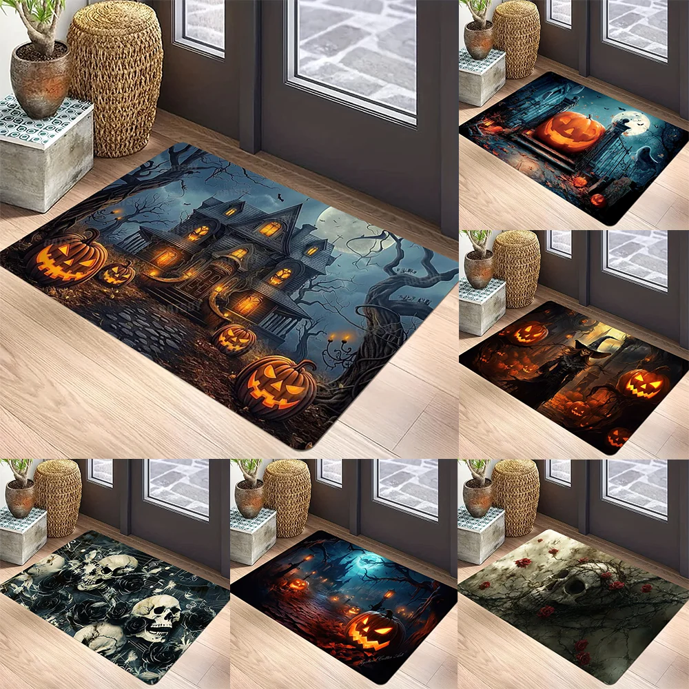 Fußmatte mit Halloween-Muster, lebendige Kürbis-Mondlich-Nacht-Designs mit Fledermäusen und gruseligen Bäumen, rutschfeste Bodenmatte für die Inneneinrichtung