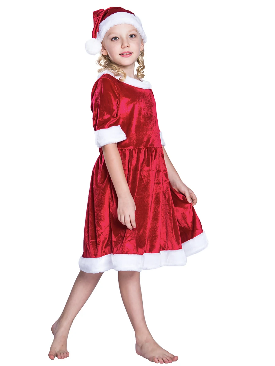 

Christmas Toddler Girl Cosplay Outfit Velvet A-Line Dress with Short Sleeves and Round Neck Contrast Color Design with