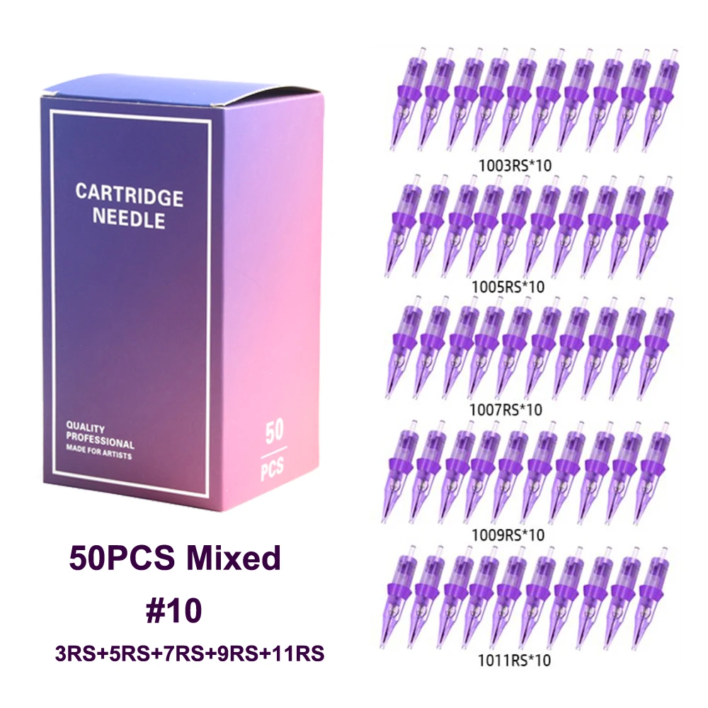 

50PCS Assorted Cartridges Tattoo Needles Mixed Size #10 3RL 5RL 7RS 9RM 7M1 Round Liner Disposable Membrane Tattoo Needle