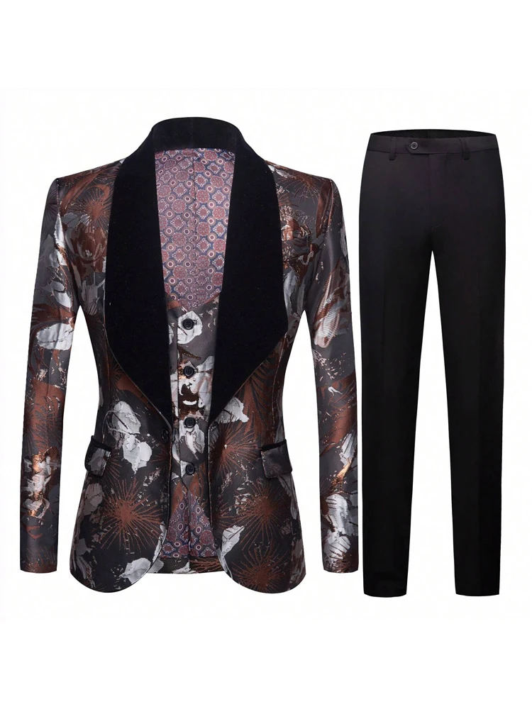 ชุดสูทผู้ชายทรงเข้ารูปสามชิ้น กระดุมเดี่ยว แบบทักซิโด้ เหมาะสำหรับงานแต่งงาน งานเต้นรำ และงานเลี้ยงอาหารค่ำ (เสื้อ+เสื้อกั๊ก+กางเกง)