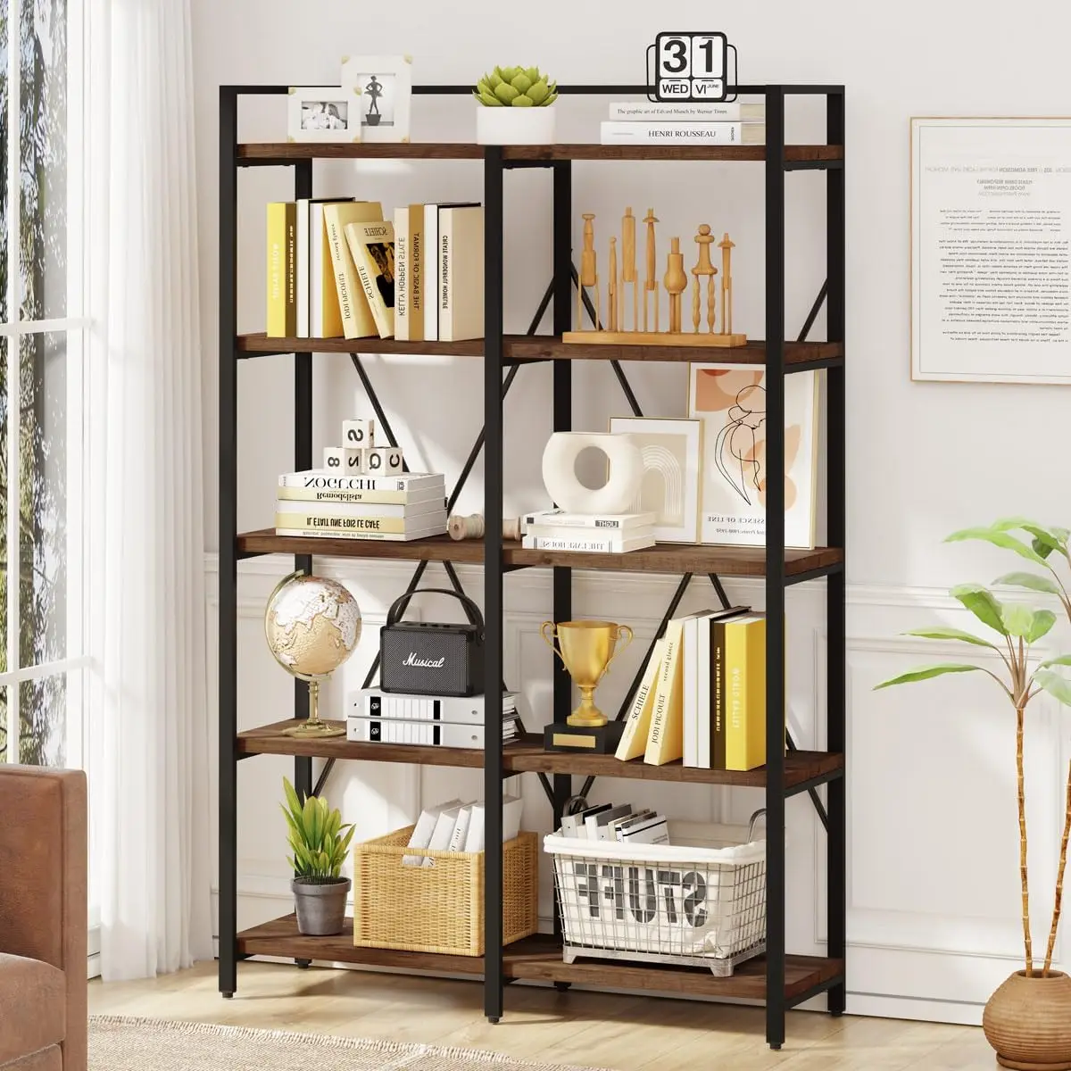 

Industrial Bookshelf, Bookcases and Bookshelves Etagere, Tall Large Farmhouse Book Shelves, 5 Tier Open Bookcase