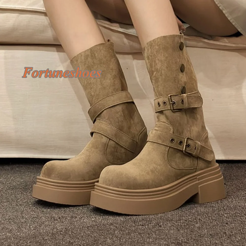 

Slip On Metal Rivet Boots Solid Mid Calf Belt Buckle Chunky Heel Round Toe Women Boots 2025 Newest Fashion Casual Autumn Boots