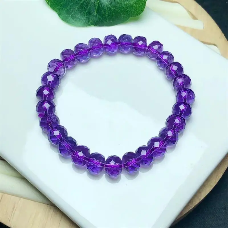 8MM Natural Faceted Amethyst Bracelet Women Fashion Crystal Round Beads Lovers Strand Bangles Jewelry 1pcs