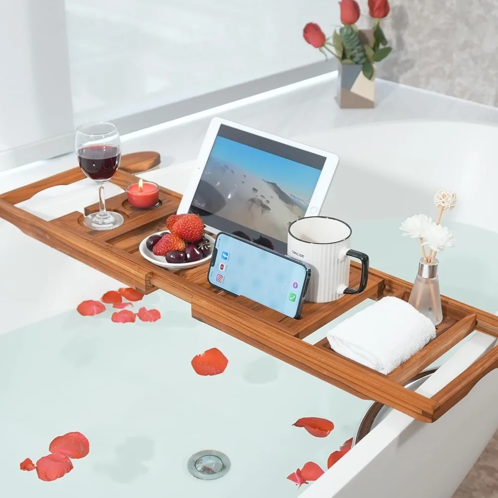 Paquete de bandeja para bañera de teca premium con soporte plegable, ranura para copa de vino y diseño antideslizante para una experiencia de baño de lujo