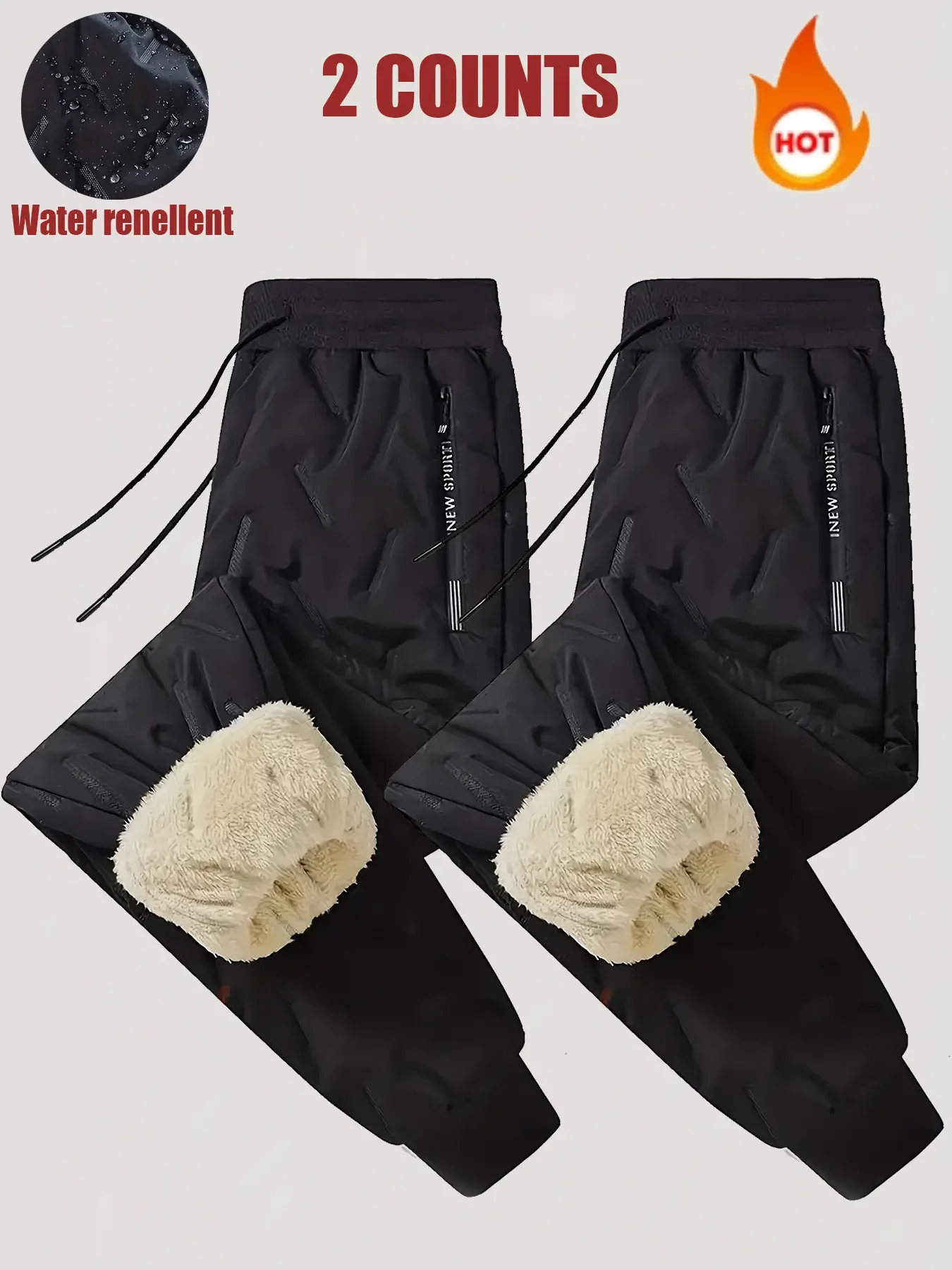 

Men's 2-pack Plain Drawstring Waist Thermal Pants, Fall and Winter Comfortable Zippered Pocket Pants for Everyday Wear