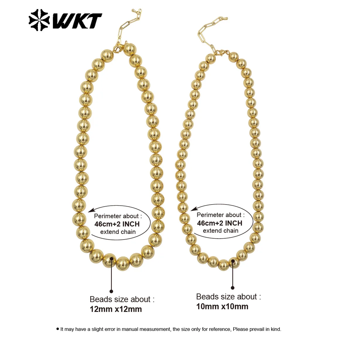 WT-JFN14 ファッショナブルな18K本金メッキラウンドビッグブラスビーズハンドストラップチェーンネックレス10mmと12mmをご用意