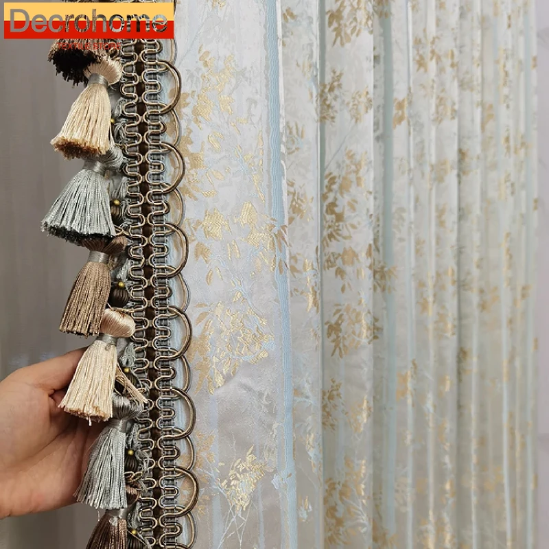 Blue Grey Gilding Jacquard Tassel Lace Curtains for Living Room Bedroom French Window Study Customized Partition Finished