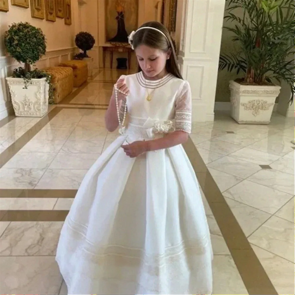 

Flower Girl Wedding Dress Half Sleeve Appliques Lace Bow Sash Child Kids Birthday Evening Party Dress First Communion Gown
