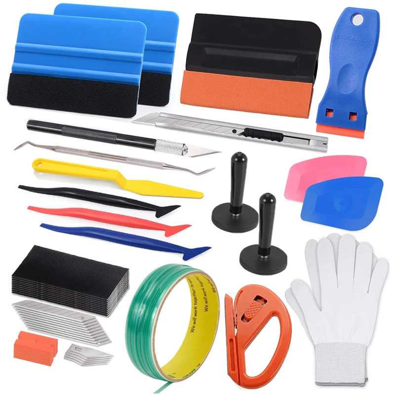 

Car Window Tint Vinyl Wrap Tool Kit 5M Knife Tape Felt Squeegee Micro Scraper Film Tool Wrap Magnets Holder Gloves Safety Cutter