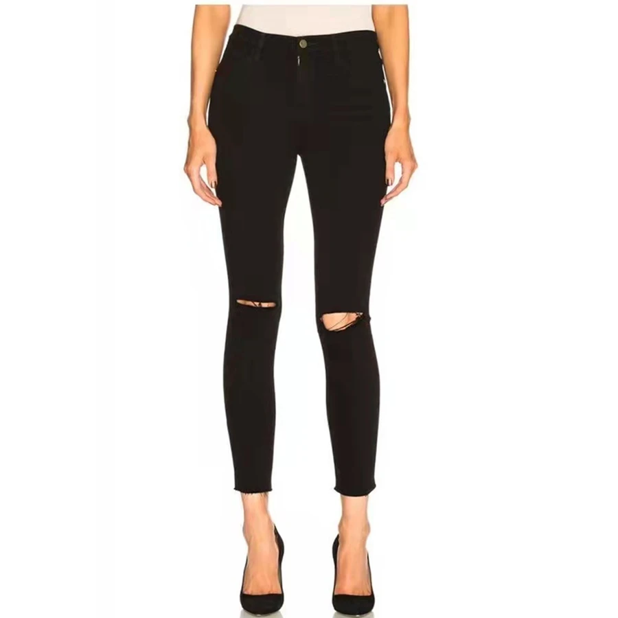 Maxdutti French Office Ladies Minimalist High Waisted Tight Fit Denim  With Ripped Edges Cropped Denim Jeans For Woman Clothing