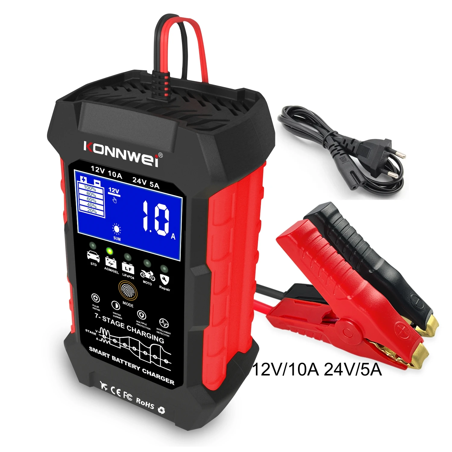 

Portable EU US AU UK 12V10A 24V5A Automatic Battery Charger for Car Motorcycle Truck Starting Batteries
