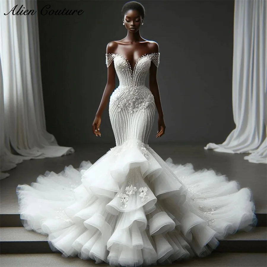 

Luxury Organza Wedding Dresses 2025 Off Sleeves Beads Crystals Aso Ebi African Bridal Dress Vestidos De Novia Customized