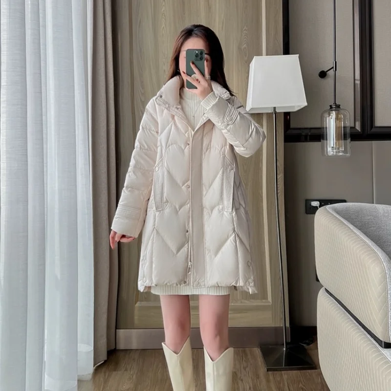 Women's Mid-length Hooded Puffer Jacket, Thick Warm Coats, Casual Outerwear, Korean Fashion, Commuting, Warm