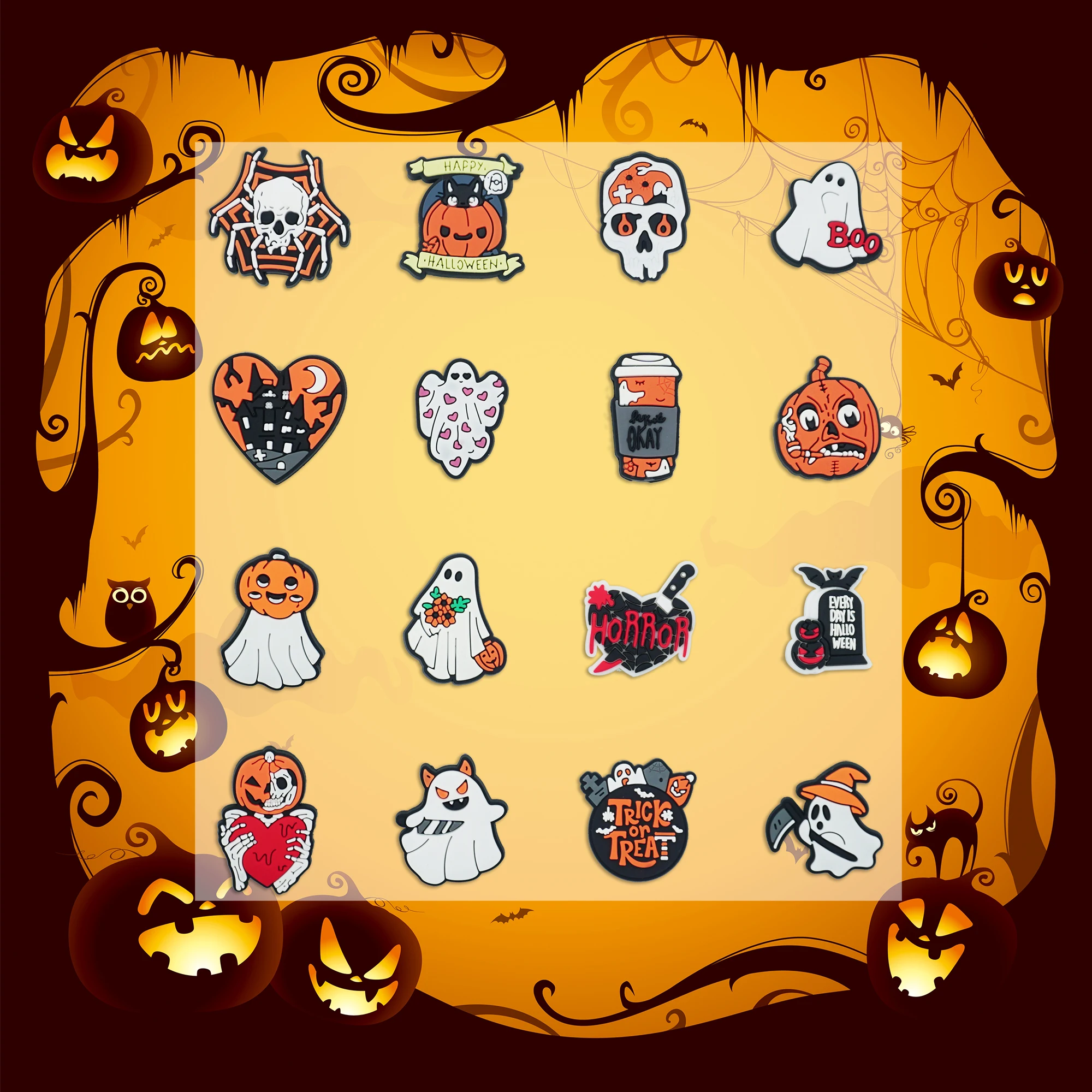 Conjunto de amuletos para sapatos com tema de Halloween - 16 peças novas com abóboras, aranhas e fantasmas assustadores para adicionar decorações de sapatos de estilo festivo
