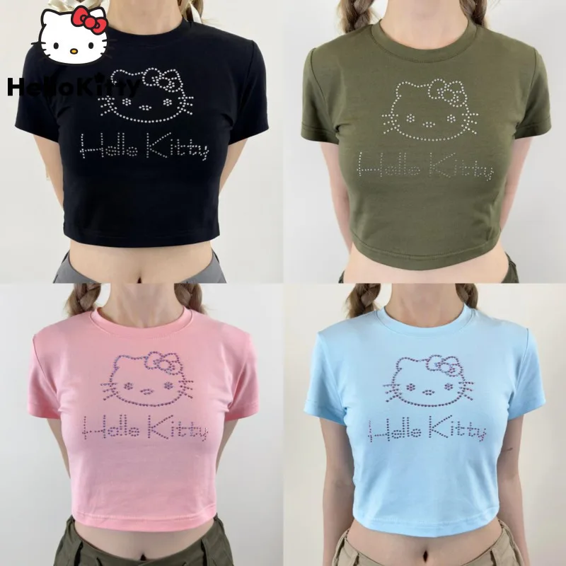 Sanrio Hello Kitty Rhinestone Cute Short Sleeve T-shirt For Women Y2k Summer Slim Pink Crop Tops Sweet Girl T-shirt Short Tees