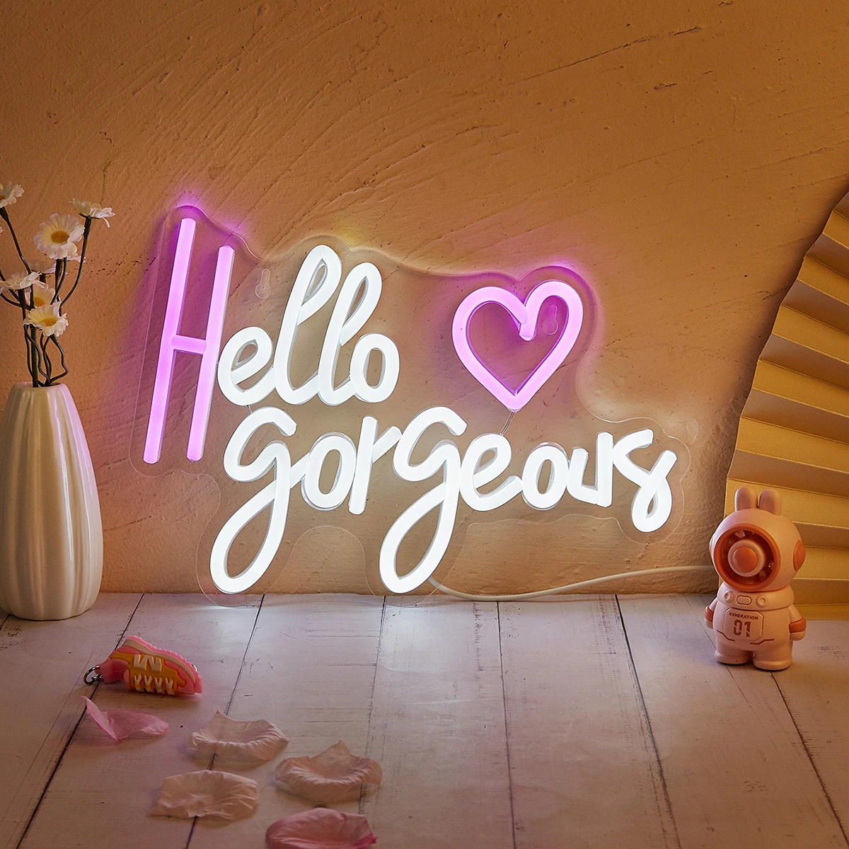 Chi-buy LED Neon Hello Gorgeous Heart USB Powered Neon Signs Night Light 3D Wall Art Bedroom Living Room Decor Lamp Signs