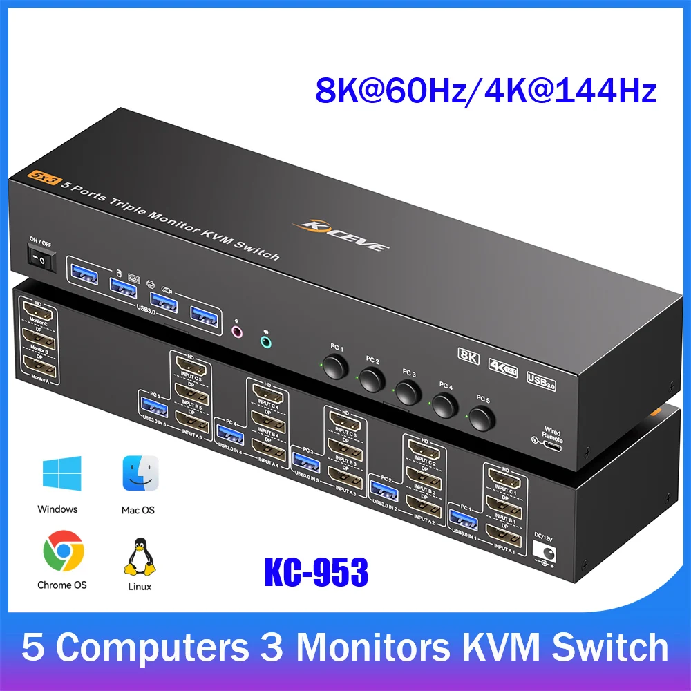 

8K HDMI + DisplayPort KVM Switch 3 Monitors 5 Computers,Three Monitor KVM Switcher for 5 PC,Support 2 Switching Mode