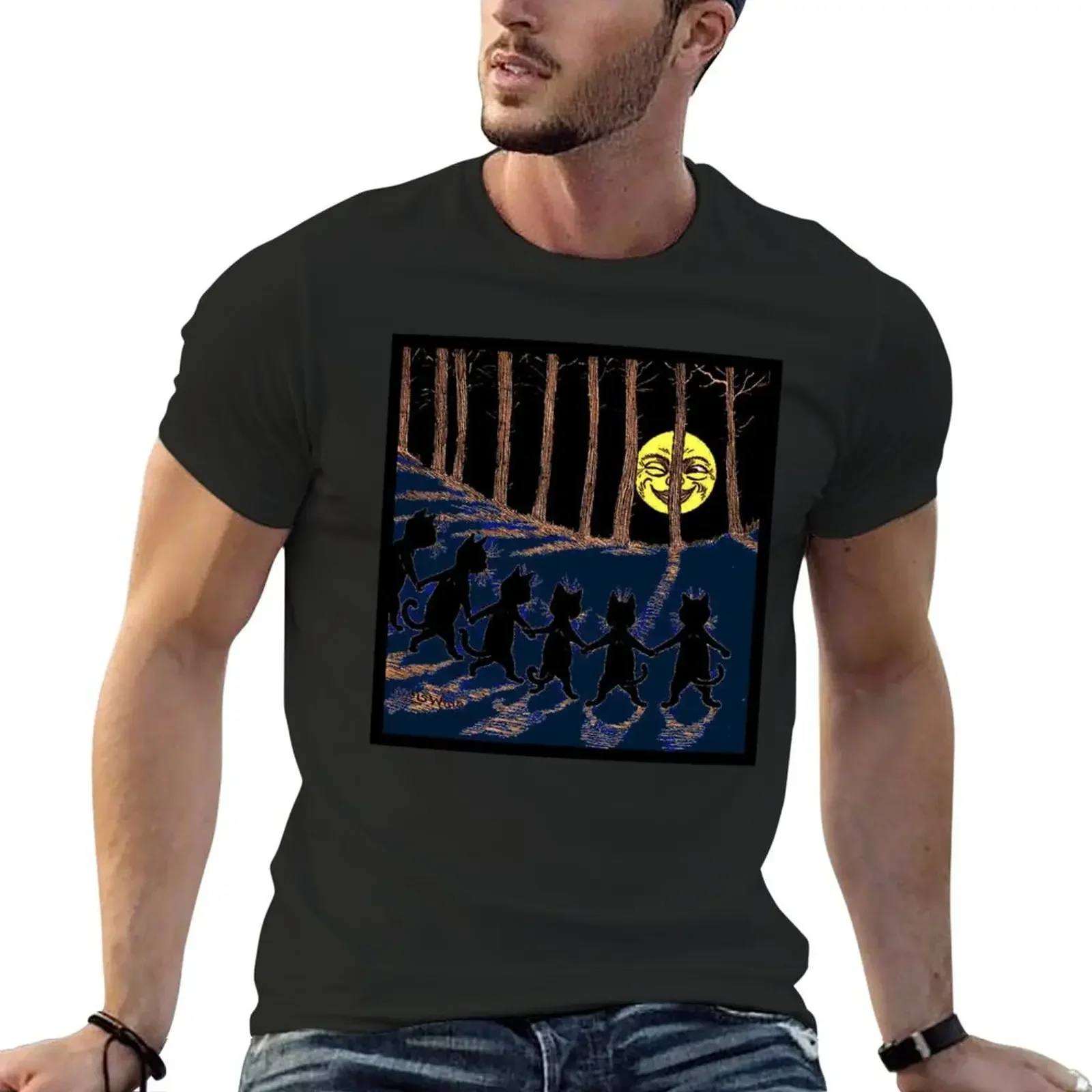 

BLACK CATS and WINKING MOON : Vintage 1916 Abstract Louis Wain Print T-Shirt custom t shirt customs anime shirts men