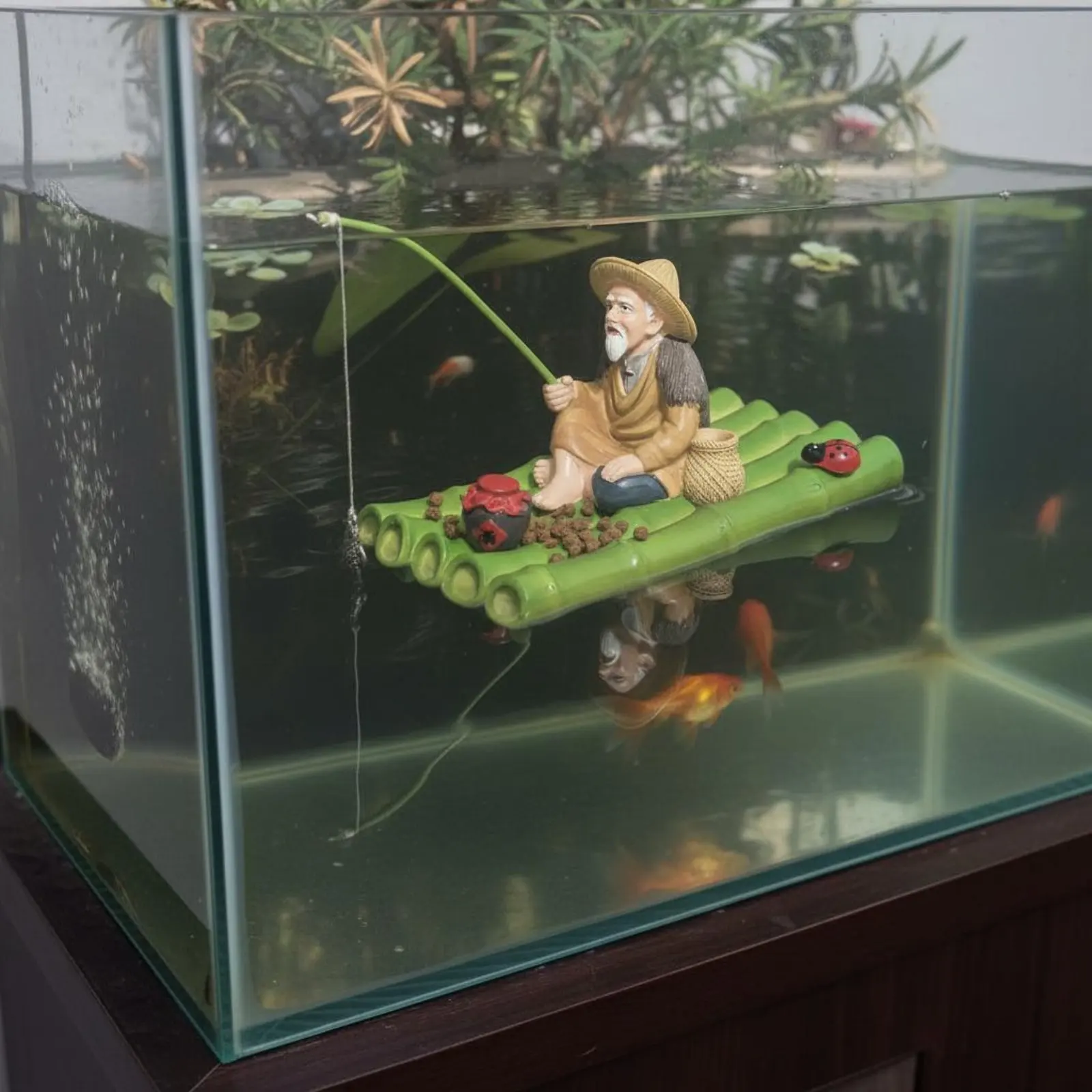 Buoyant Aquatic Dispenser Decoration Ancient & Design Old Man on Bamboo Raft Statue Aquatic Habitat Accessory Handmade Garden view 2