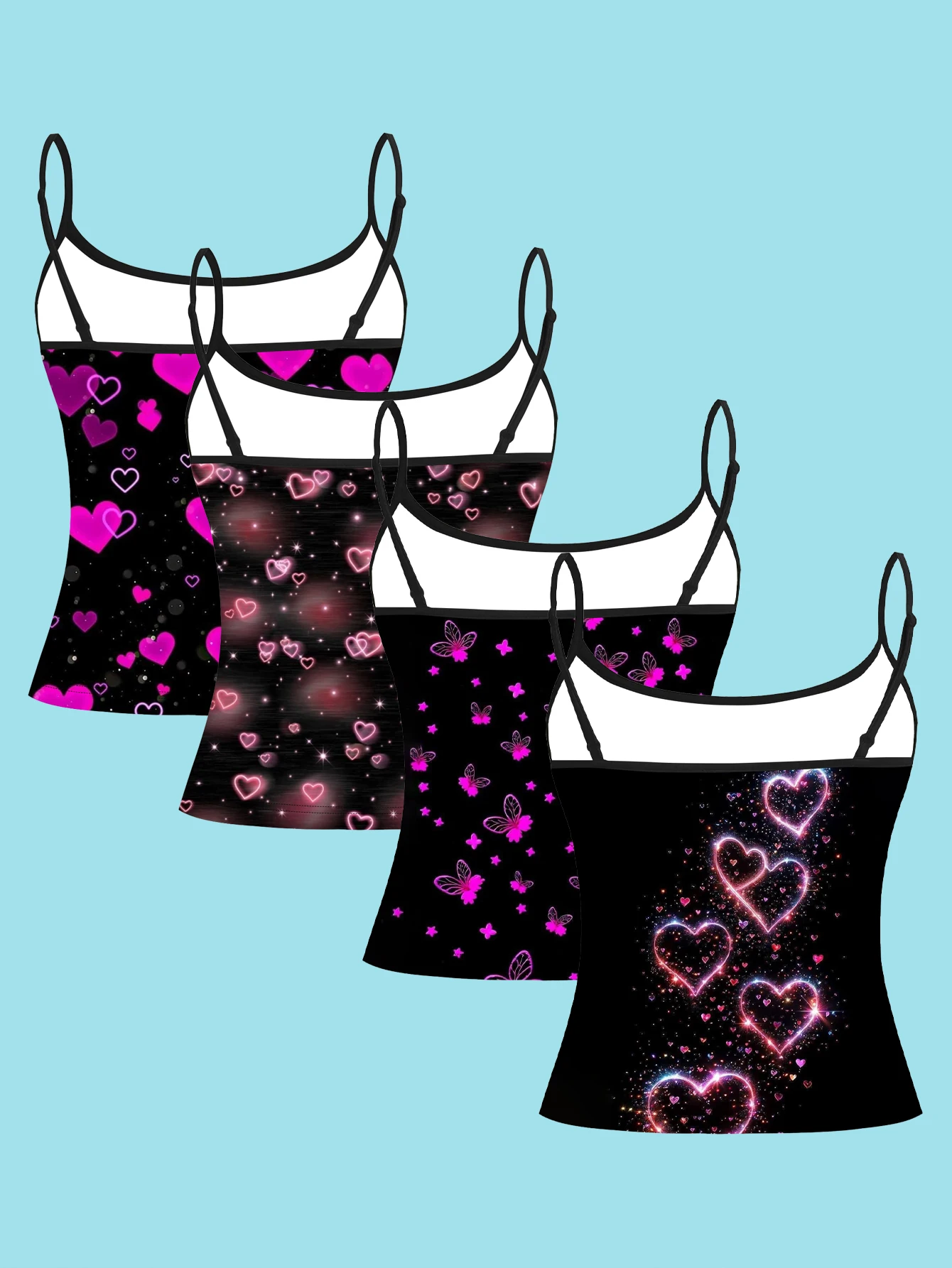 4-Piece Set of Y2K Neon Glowing Heart and Butterfly Print Camisoles, Black Base with Pink Starry Glitter, Slim-Fit Spaghetti Strap Sleeveless Tops for Girls, Suitable for Wearing Outside or as an Inner Layer