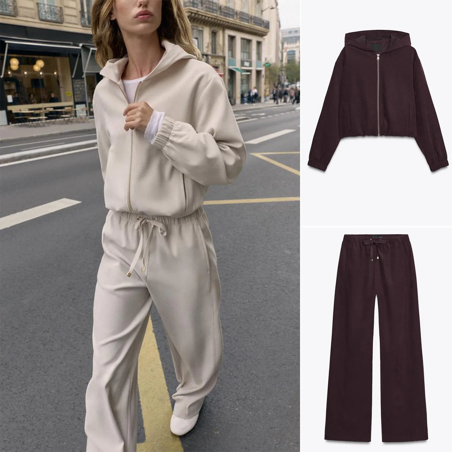 

Куртка-пилот с регулируемой талией, длинные широкие брюки с капюшоном, комплект с высокой талией, женский осенне-зимний повседневный комплект