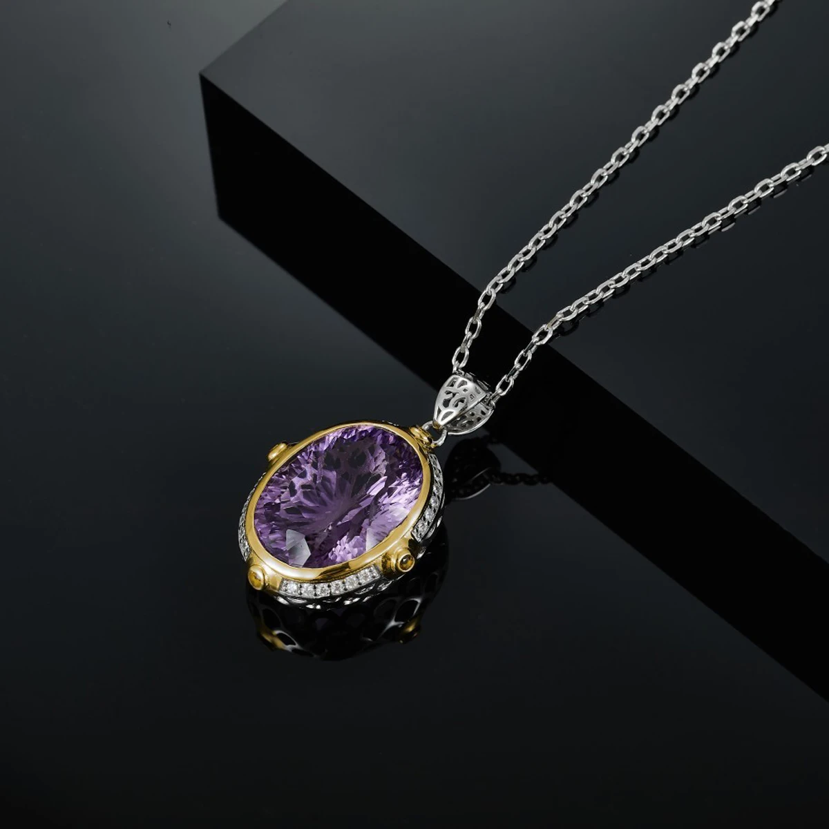 18K Gold Plated Women Oval Amethyst Pendant Necklace S925 Sterling Silver Vintage Hollow Bail Design Elegant Luxury Clavicle Chain Oval Cut Purple Crystal With Surrounding CZ For Lady Wedding Anniversary Party Daily Wear Romantic Jewelry Gift