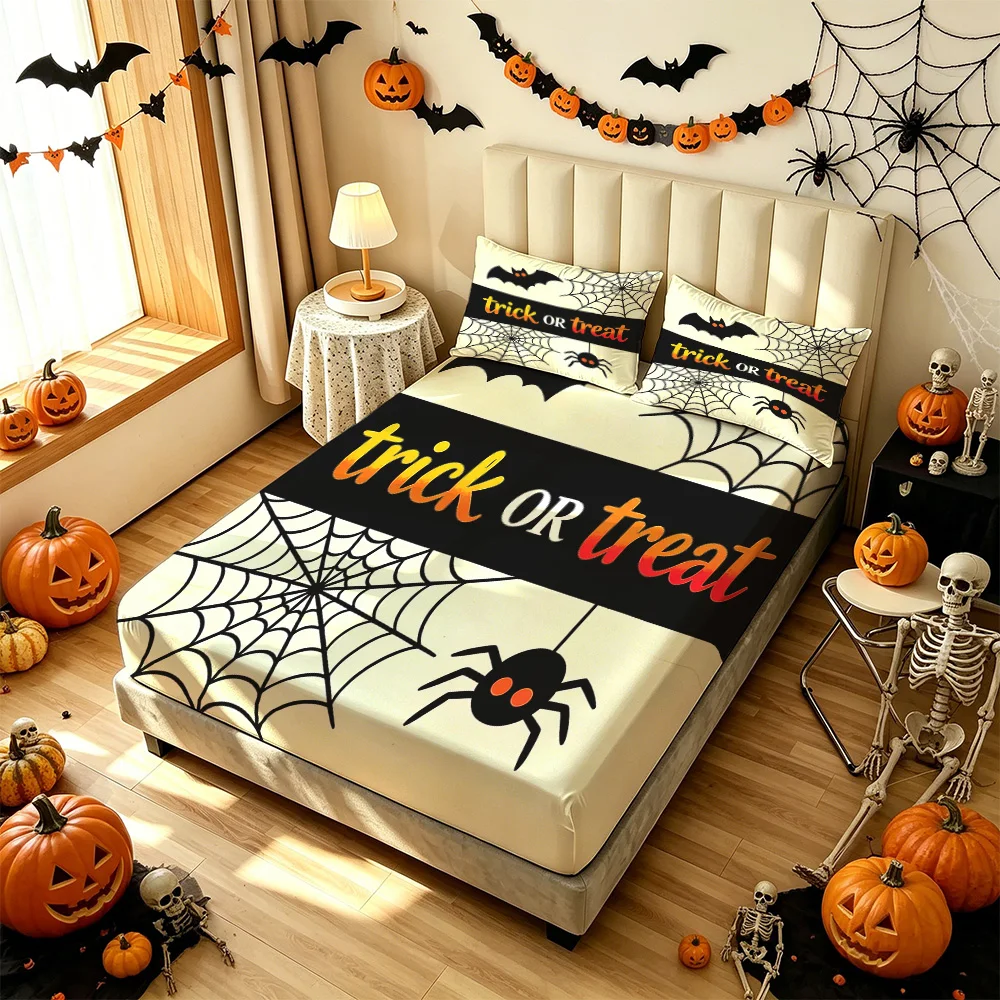 3PCS Bat Spider Web Trick or Treat Bed Sheets Pillowcases Set featuring a soft design suitable for bedroom decoration bedding