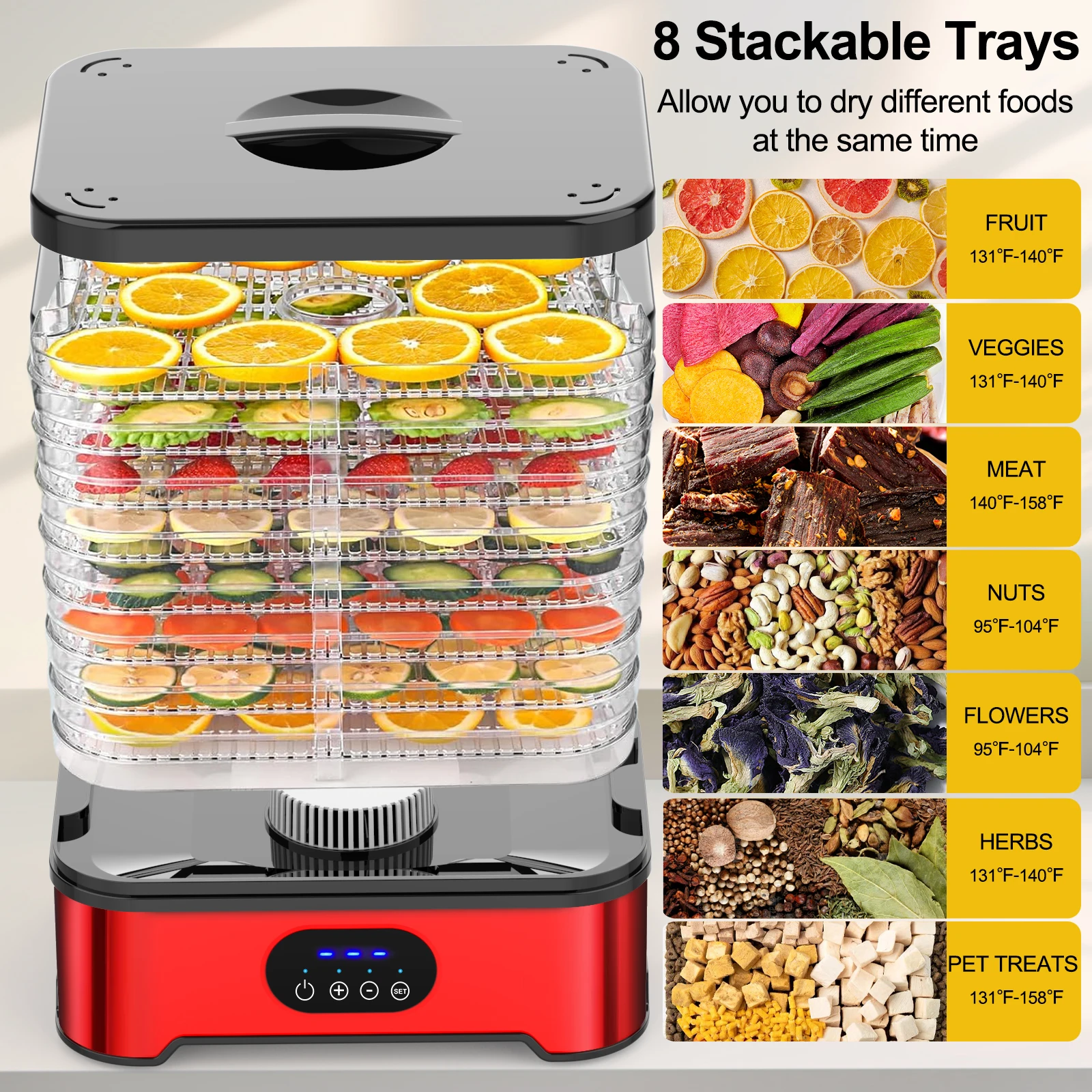 

8-layer stainless steel food dehydrator, adjustable humidity (95 ° F-158 ° F), 72 hour timer, suitable for dried meat, fruits