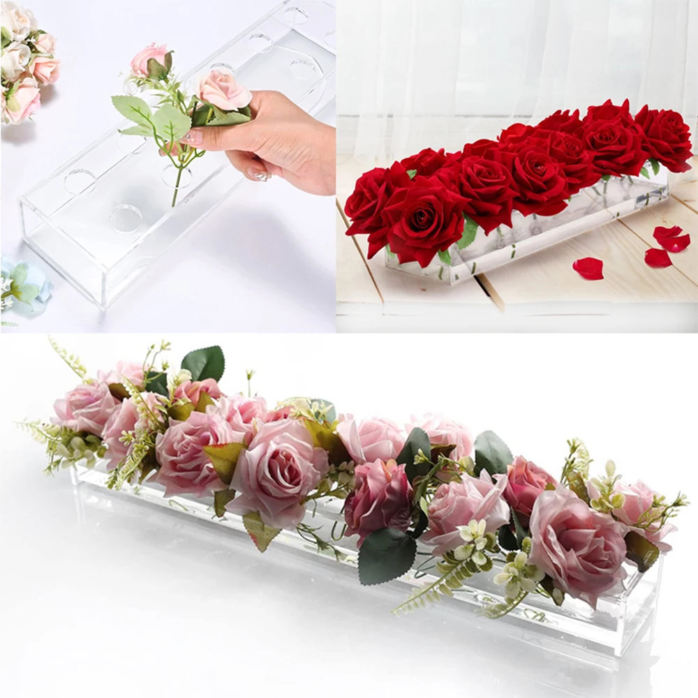 Clear Rectangular Acrylic Vase With Lid Wedding Dinner Table Floral Centerpiece Morden Low Floral Vases Desktop Home Decoration