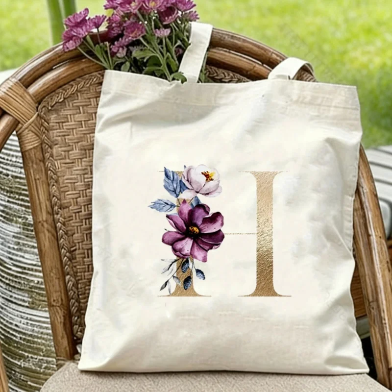 

Monogram Initial Floral Tote Bag for Women, Watercolor Peony Gold Letter Shoulder Bag, Large Personalized Tote for Daily Work