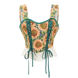 Yellow Sunflower Print & Green Lace Up Overbust Renaissance Corset Mujer Medieval Vintage Bustier Crop Top Women Gothic Clothes