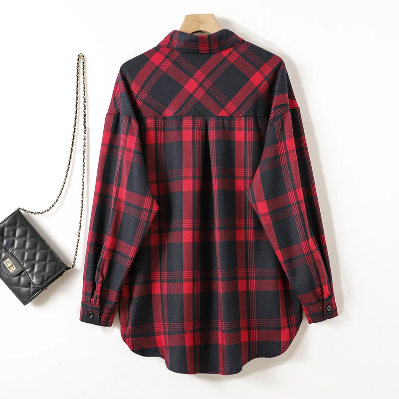 Loose Women's Plaid Long Sve irt Embroidered Mid-Length Korean Sle Spring Coat Versatile Young-looking Cotton Blend