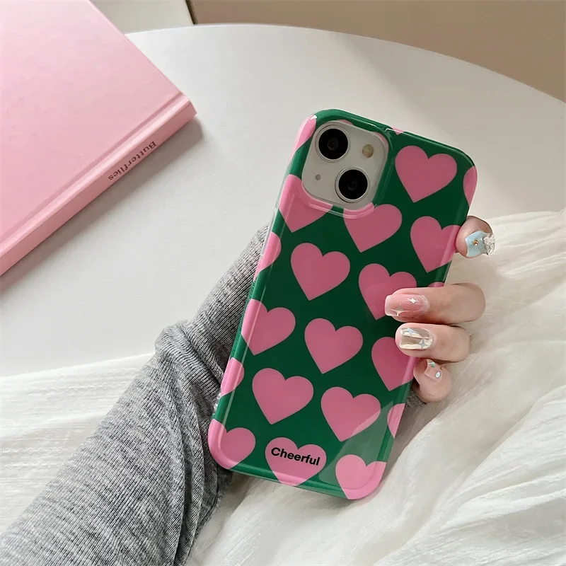 Simple Fashion Niche Ins Pink Green Contrasting Love for Iphone15Promax intelligent 13/14 Phone Case 11 Soft 12 Women