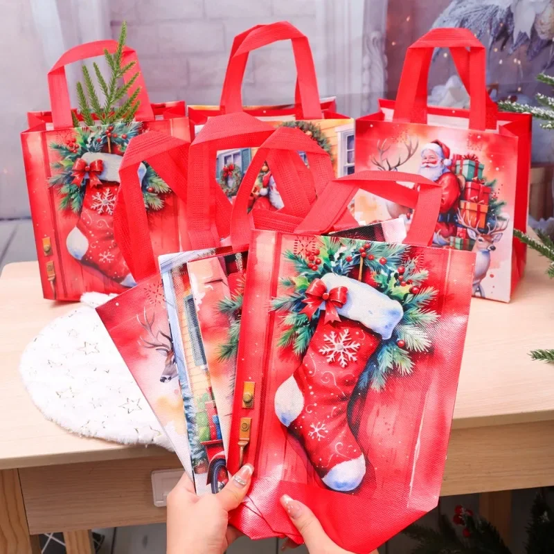 10/1pcs Christmas Reusable Gift Bag with Handles Non-wove Christmas Tote Bag Treat Bags Gifts Wrapping Shopping Xmas Party Decor