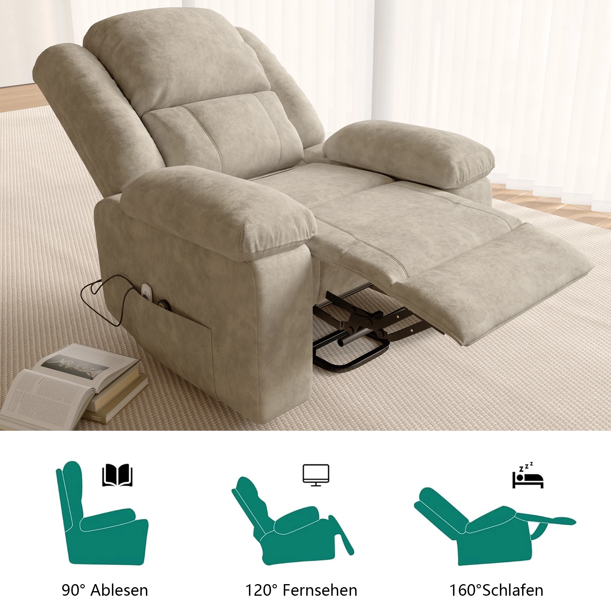 Electric Recliner, 8 Motor, 5 Massage Modes, Heat Function, Chaise Lounge with Rising Aid, Side Pocket and Remote Control