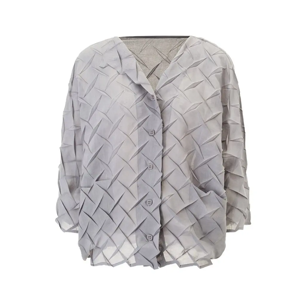

Handmade Pleated Jacket V-Neck Design Solid Color Single-Breasted Loose Fashionable Versatile Cardigan with Long Sleeves