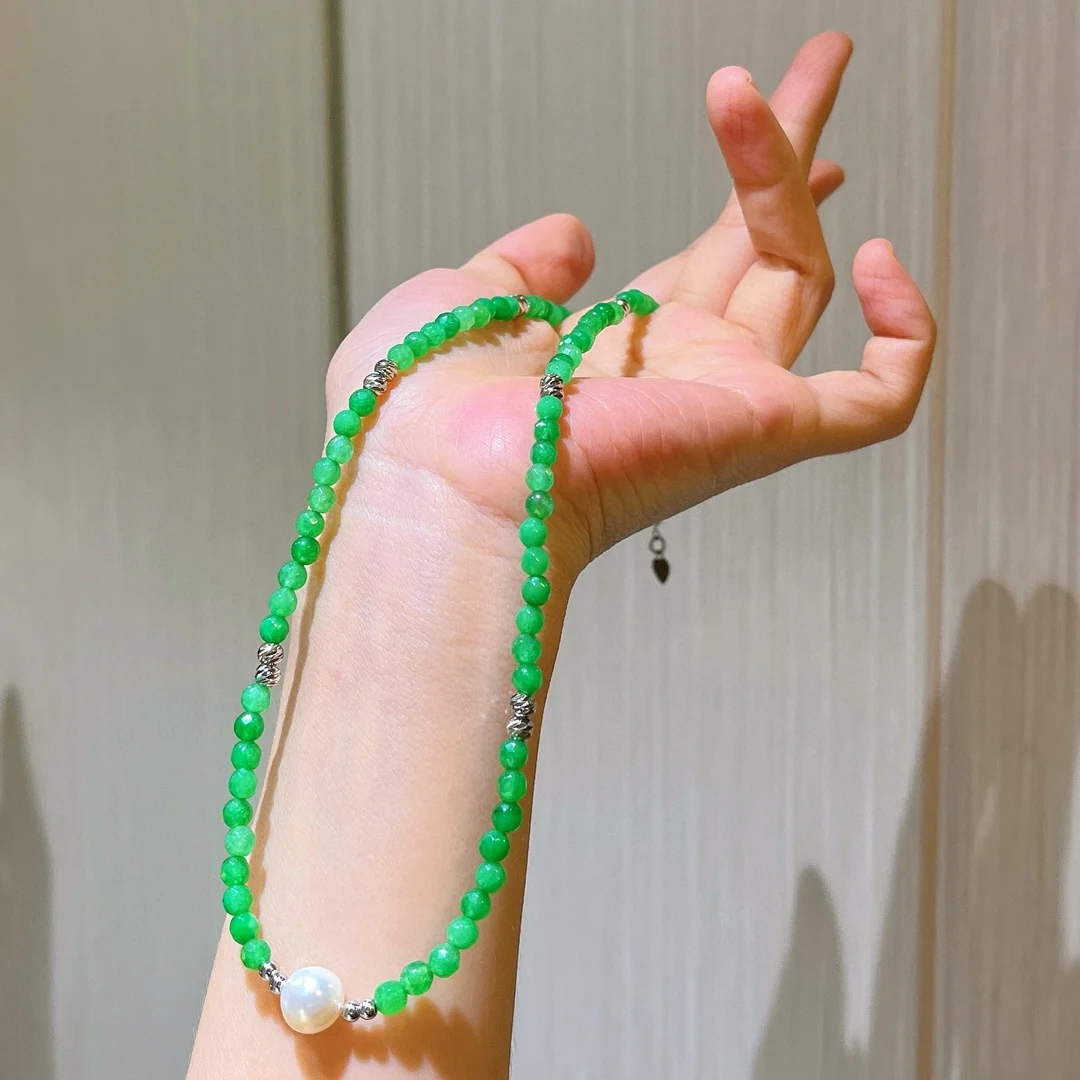 

Optimized jadeite dry cyan quartzite jade collarbone chain natural freshwater pearl necklace neck chain original handmade