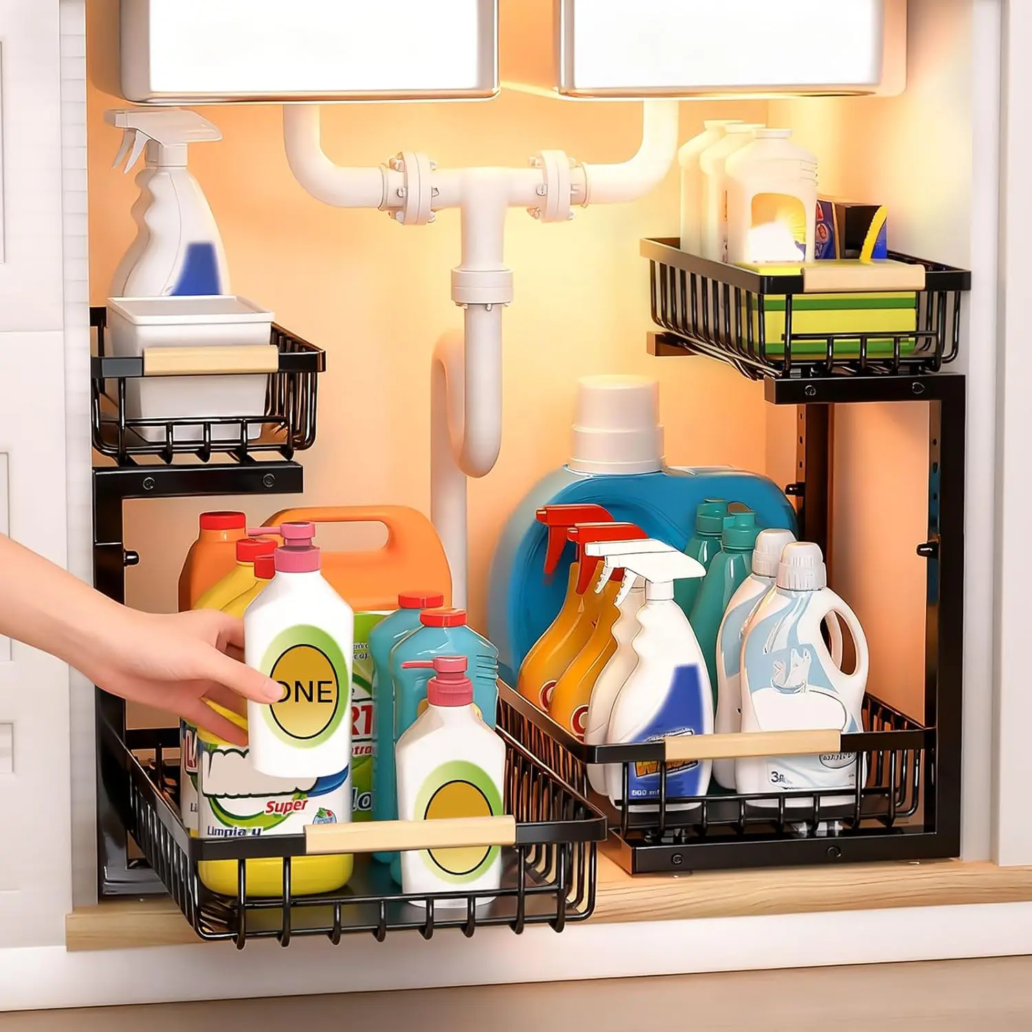 

Under Sink Organizer, Heavy-Duty & Rust-Resistant Carbon Steel Metal, 2 Tier Pull Out Under Bathroom Sink Storage, Adjustable