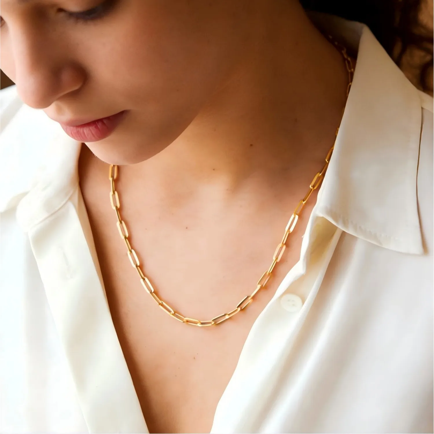 Gold Plated Paperclip Chain Necklace for Women Dainty Stainless Steel Rectangular Link Choker Minimalist Everyday Wear Jewelry
