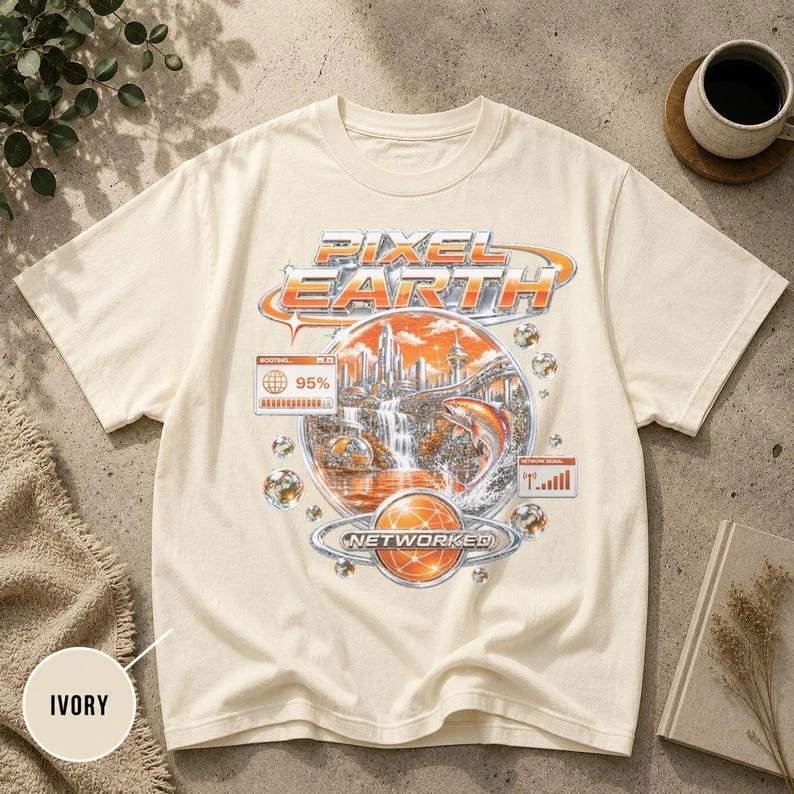 Y2K Frutiger Aero Shirt, Pixel Earth Graphic Tee, Webcore Retro Internet Aesthetic Vintage T Shirt T Shirt for Men