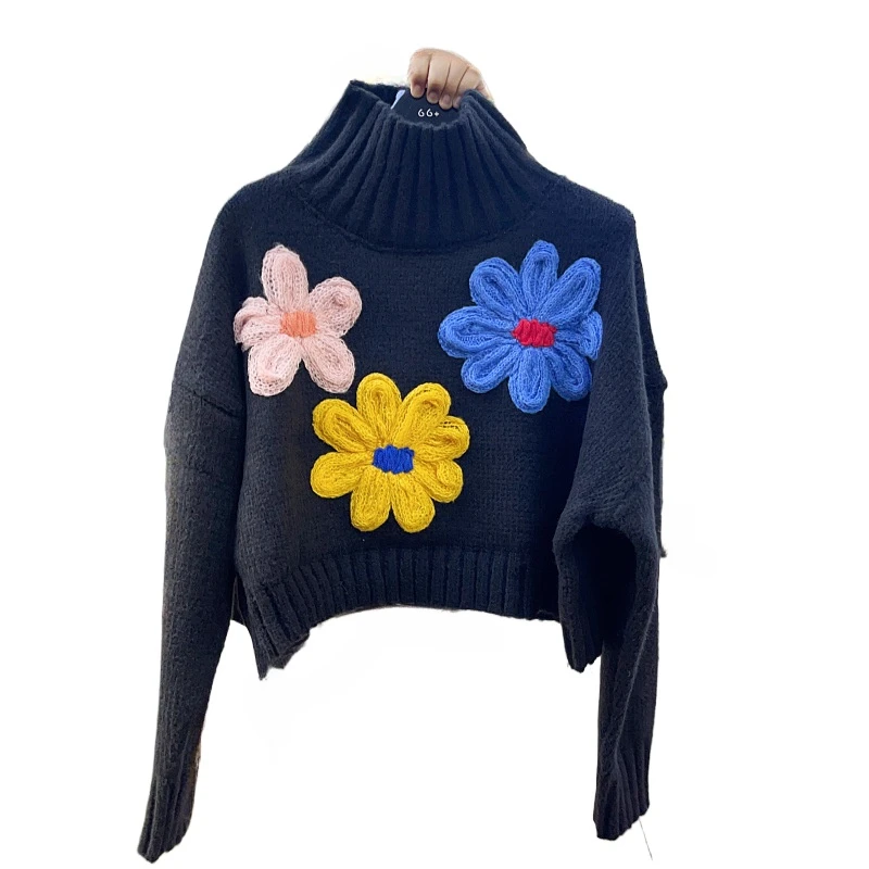 Autumn and Winter Sweater Female Fashion Flowers Temperament High Collar Long-sleeved Loose Short Paragraph Versatile Top Tide